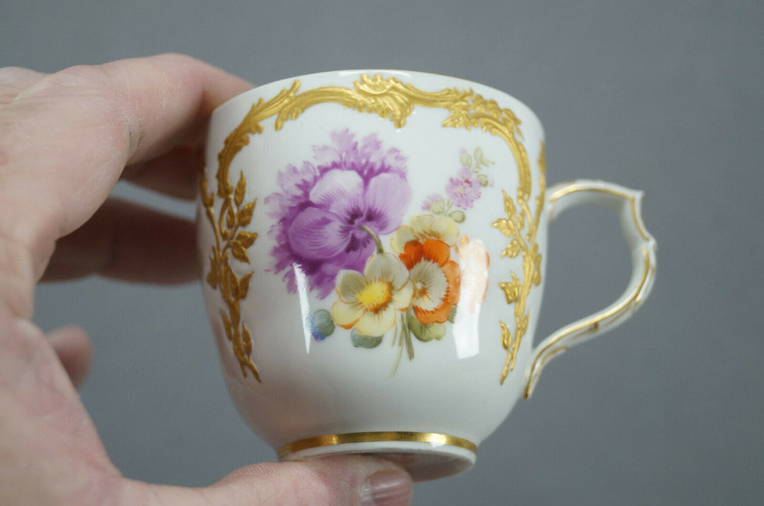 KPM Berlin Neuzierat Hand Painted Floral & Raised Gold Demitasse Cup & Saucer E
