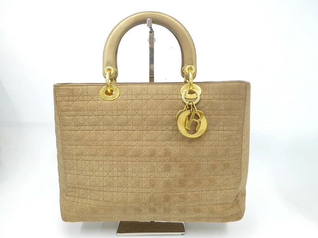 Auth Christian Dior Lady Cannage Hand Bag Nylon Leather Beige Vintage