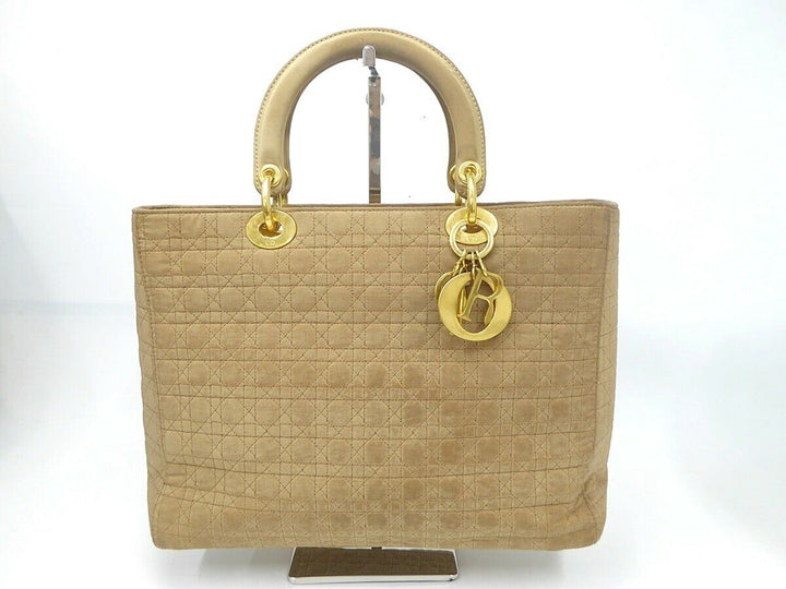 Auth Christian Dior Lady Cannage Hand Bag Nylon Leather Beige Vintage