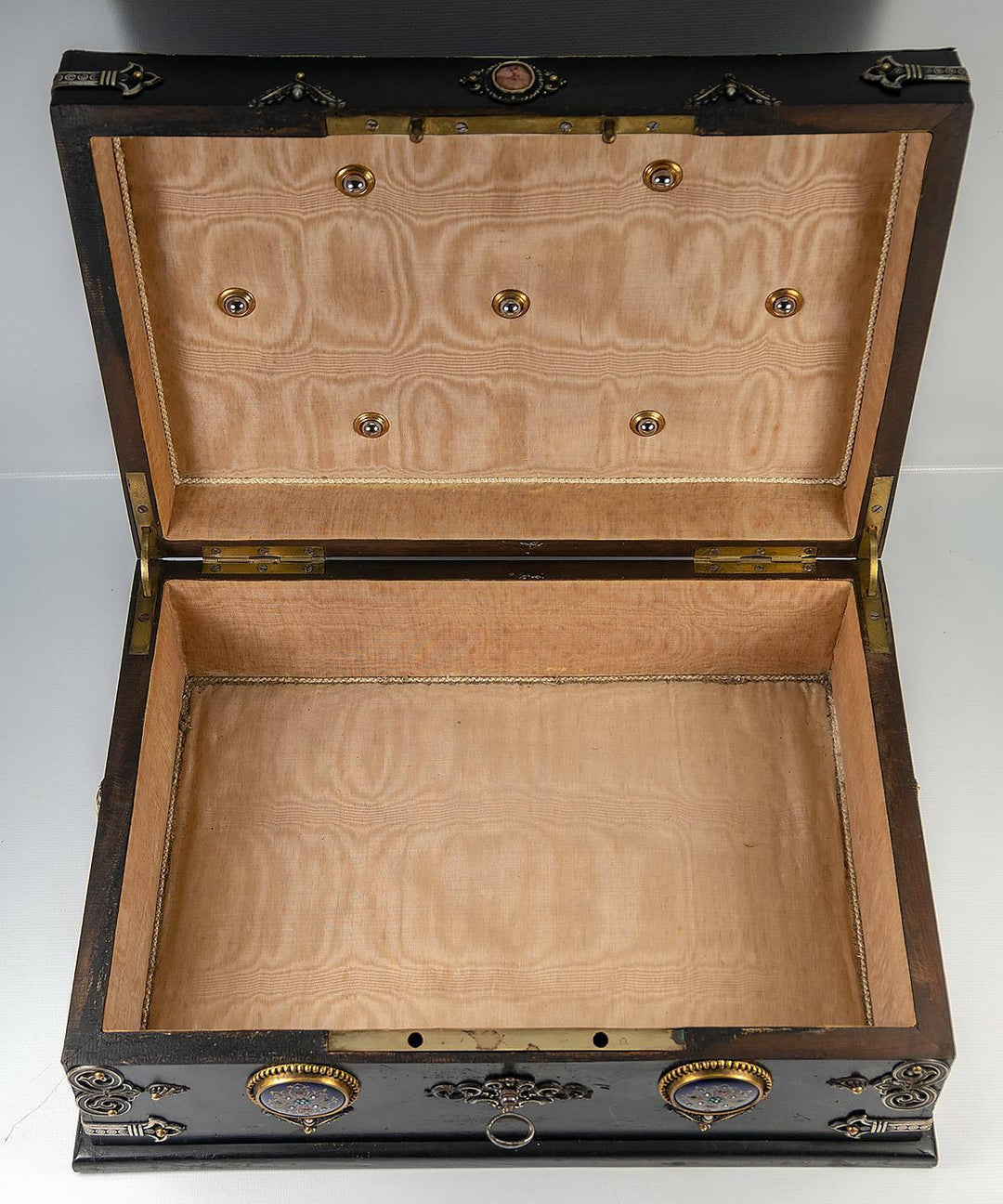 RARE 13.5" Antique French Table, Jewelry Box, Gem-Set Kiln-fired Enamel Plaques
