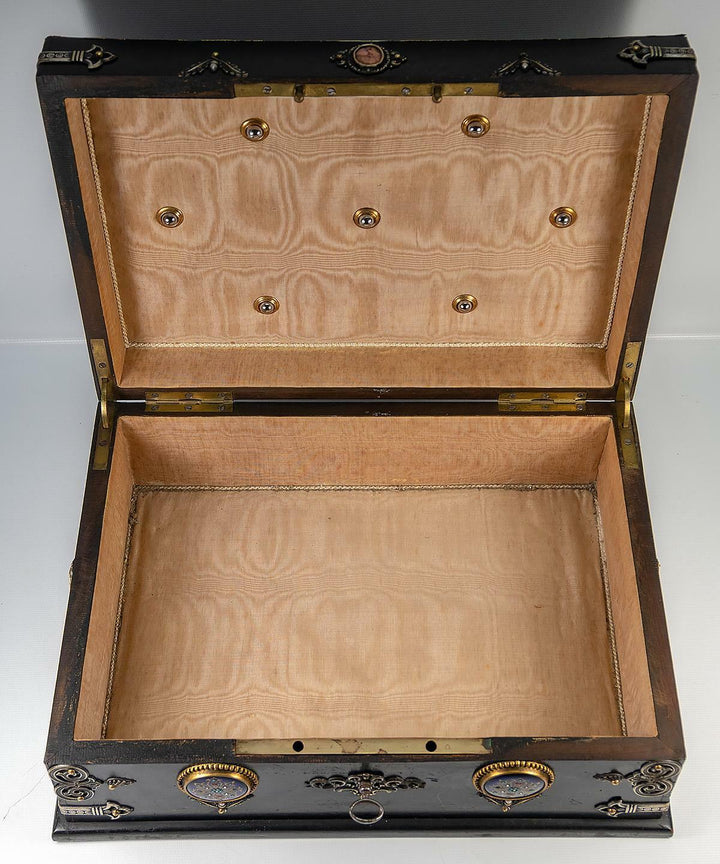 RARE 13.5" Antique French Table, Jewelry Box, Gem-Set Kiln-fired Enamel Plaques