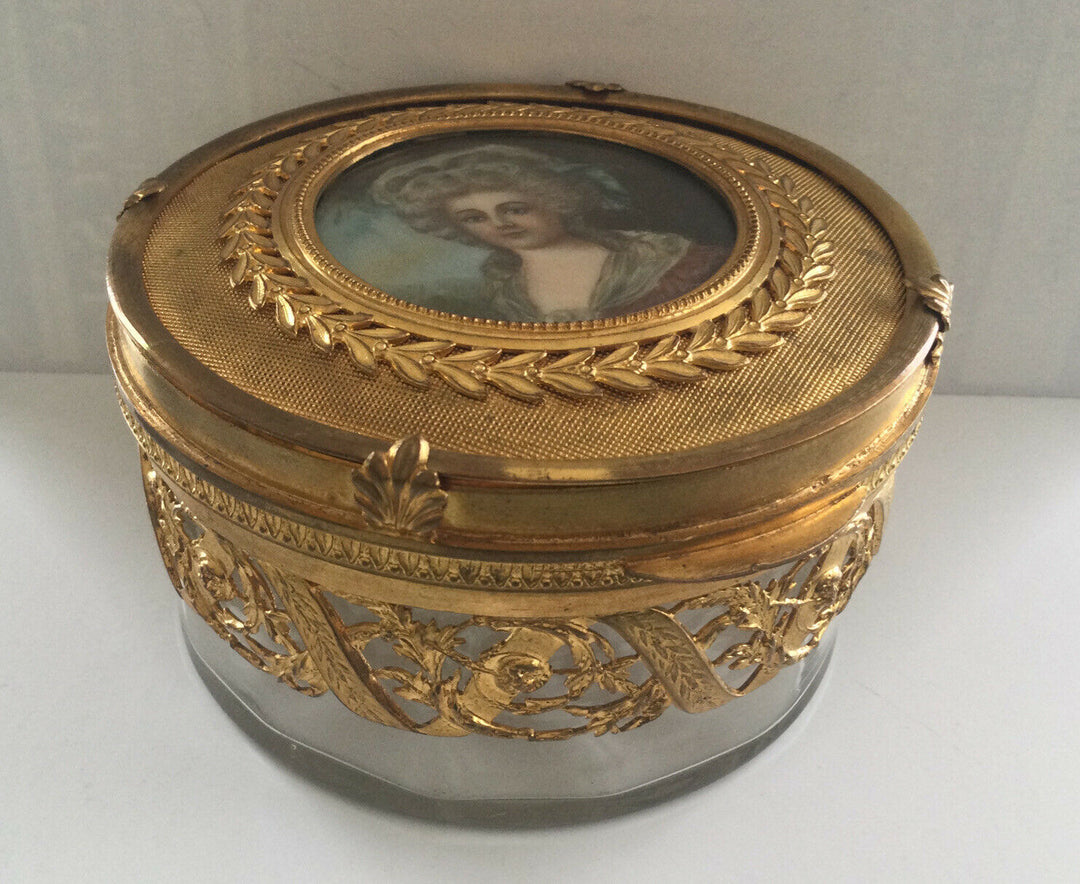 Antique French Crystal Ormolu Portrait Miniature Marie Antoinette Jewel Box 1890