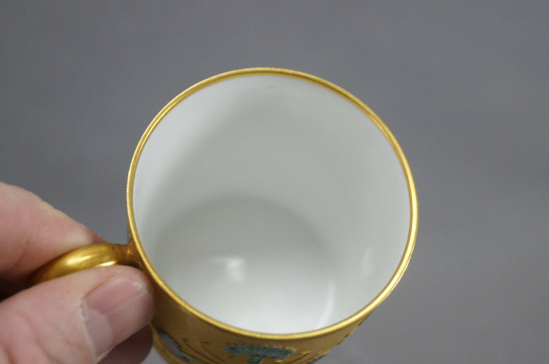 Antique French Hand Painted Blue Carnation Flower & Gold Demitasse Cup & Saucer
