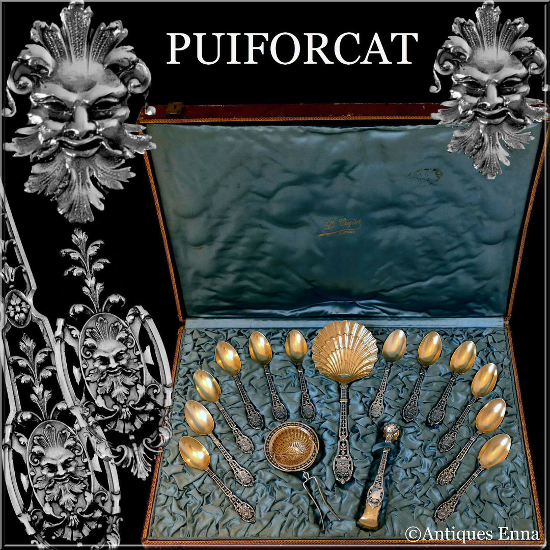 Puiforcat Masterpiece French Sterling Silver 18k Gold Dessert Set 15 pc Mascaron