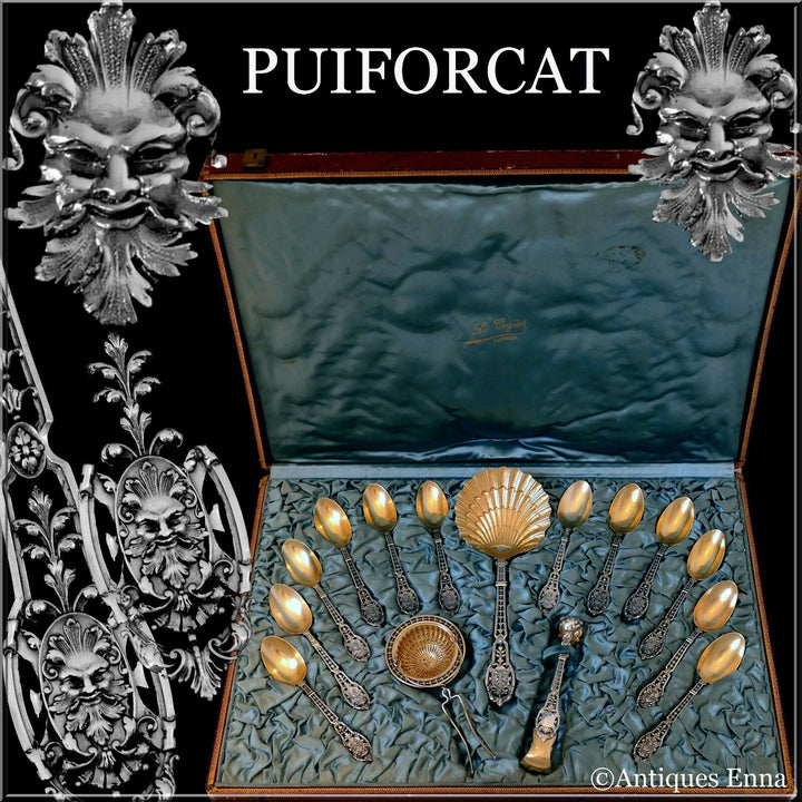 Puiforcat Masterpiece French Sterling Silver 18k Gold Dessert Set 15 pc Mascaron