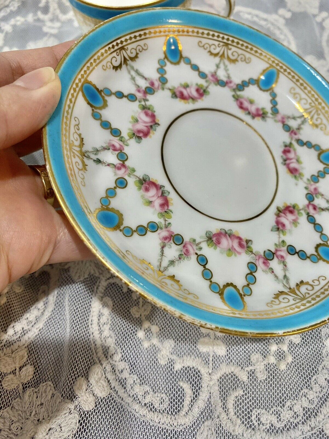 Minton Hand Painted Turquoise Rose Gold Enamel Tea Cup Saucer Set