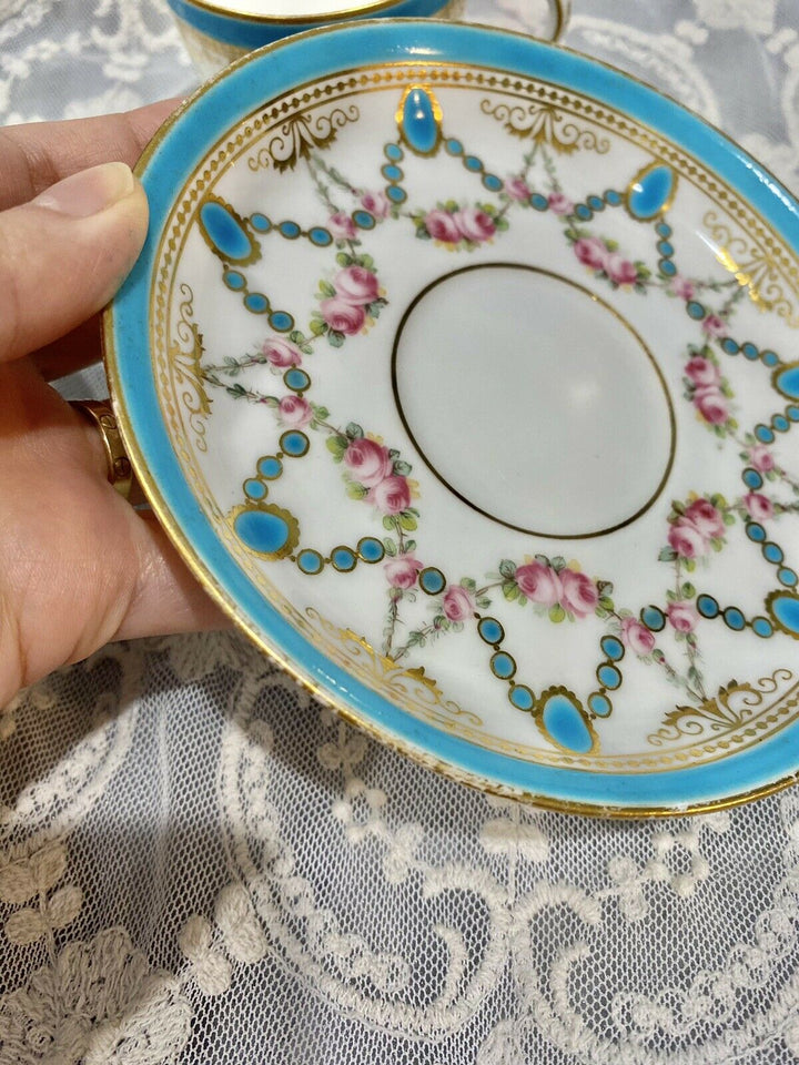 Minton Hand Painted Turquoise Rose Gold Enamel Tea Cup Saucer Set