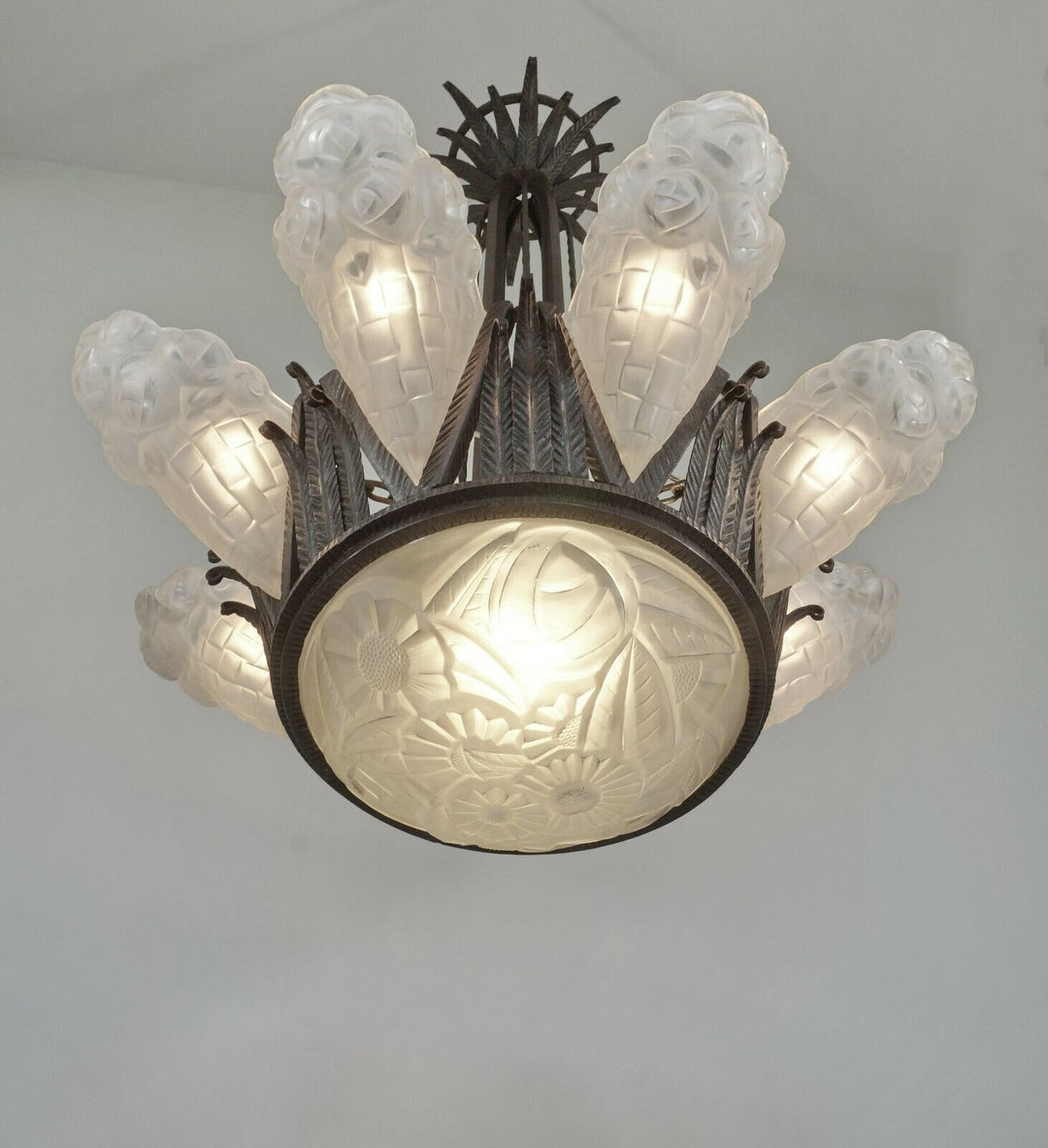 DEGUÉ : VERY LARGE 1930 FRENCH ART DECO CHANDELIER ... wrought iron muller era