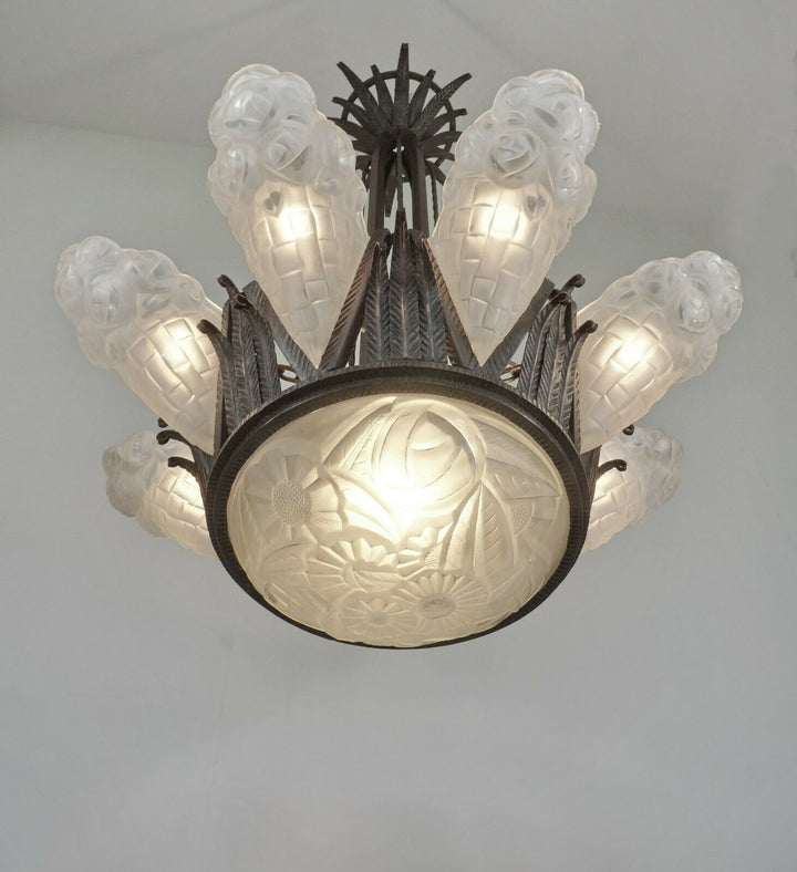 DEGUÉ : VERY LARGE 1930 FRENCH ART DECO CHANDELIER ... wrought iron muller era
