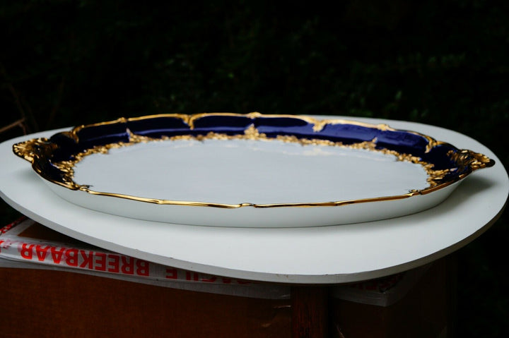 Meissen handpainted kingblue Leuteritz B form large tray with handles 19"