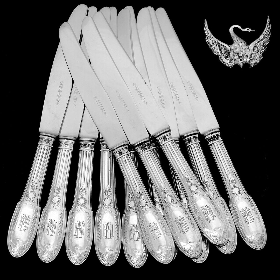 Puiforcat French Sterling Silver Flatware Set 92 Pc, Empire, Swan, Box