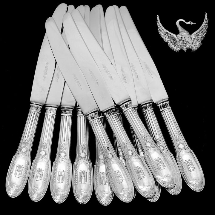 Puiforcat French Sterling Silver Flatware Set 92 Pc, Empire, Swan, Box