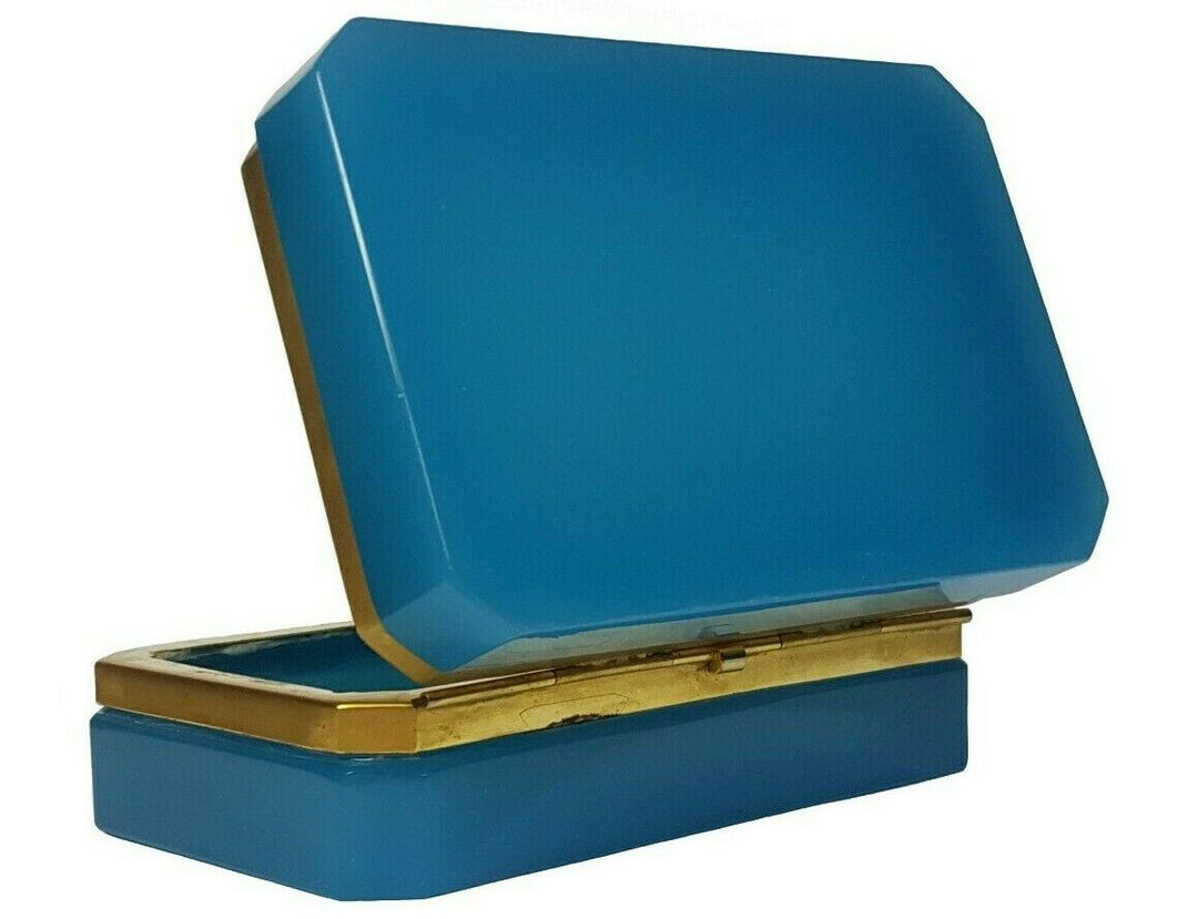 Blue Opaline Glass Jewelry Box / Trinket Box | Rectangular | Brass Frame | Italy