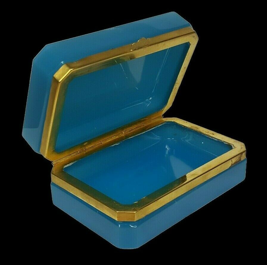 Blue Opaline Glass Jewelry Box / Trinket Box | Rectangular | Brass Frame | Italy
