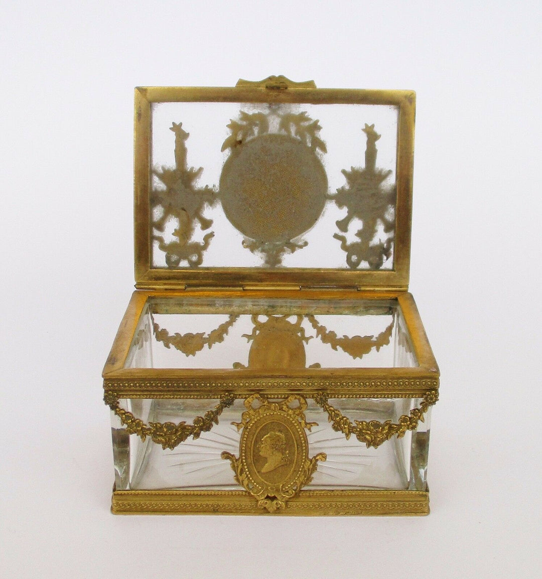 RARE ANTIQUE 19TH CENTURY FRENCH BRONZE & BACCARAT CRYSTAL JEWERLY CASKET BOX