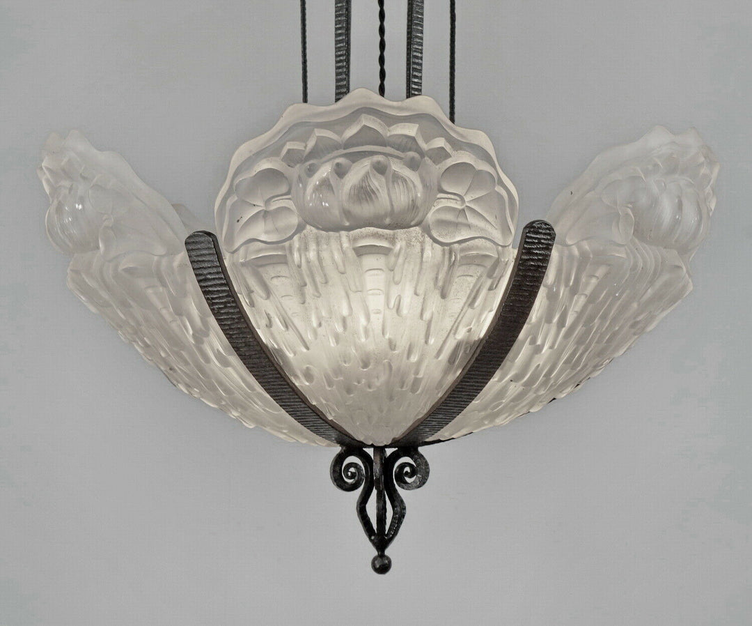 LOUIS RAVAUD : LARGE 1930 FRENCH ART DECO CHANDELIER . wrought iron muller era