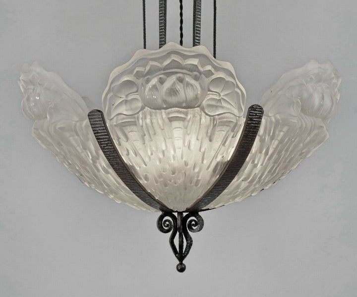 LOUIS RAVAUD : LARGE 1930 FRENCH ART DECO CHANDELIER . wrought iron muller era
