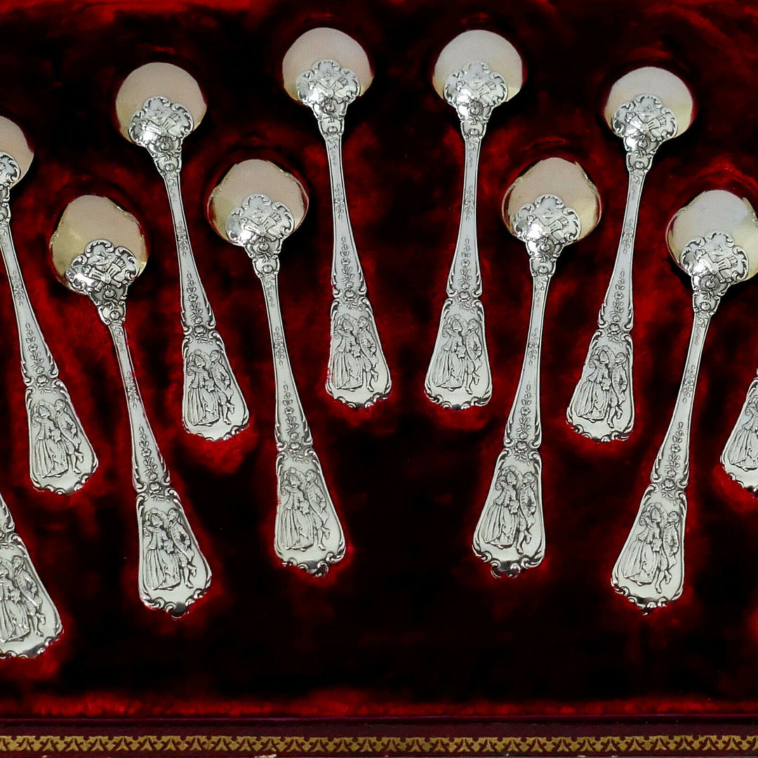 Puiforcat Masterpiece French Sterling Silver 18k Gold Tea Spoons Set 12 Pc, Box