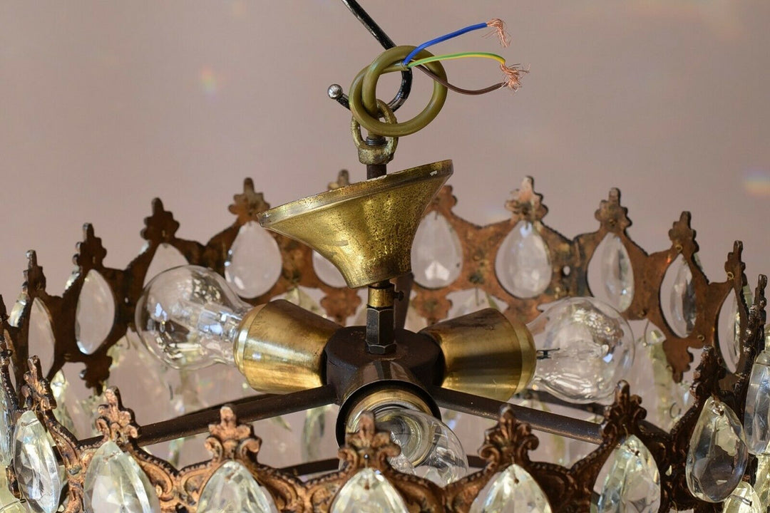 Flush Antique / Vintage Crystal Chandelier, Low Ceiling Chandelier, 1950's lamp