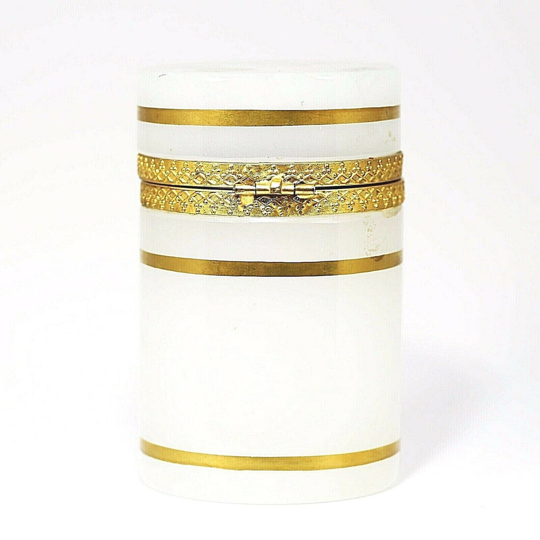 Vintage French trinket or jewelry BOX opaline glass w/ gold bands and hinged lid