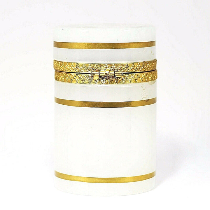 Vintage French trinket or jewelry BOX opaline glass w/ gold bands and hinged lid