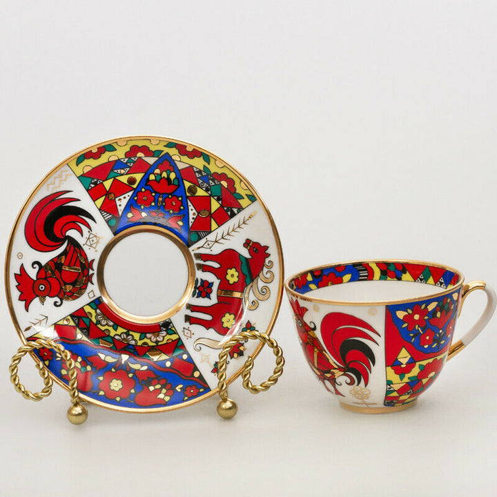 Folk Patterns Teacup & Saucer by Imperial Lomonosov Porcelain Red Rooster Luxury