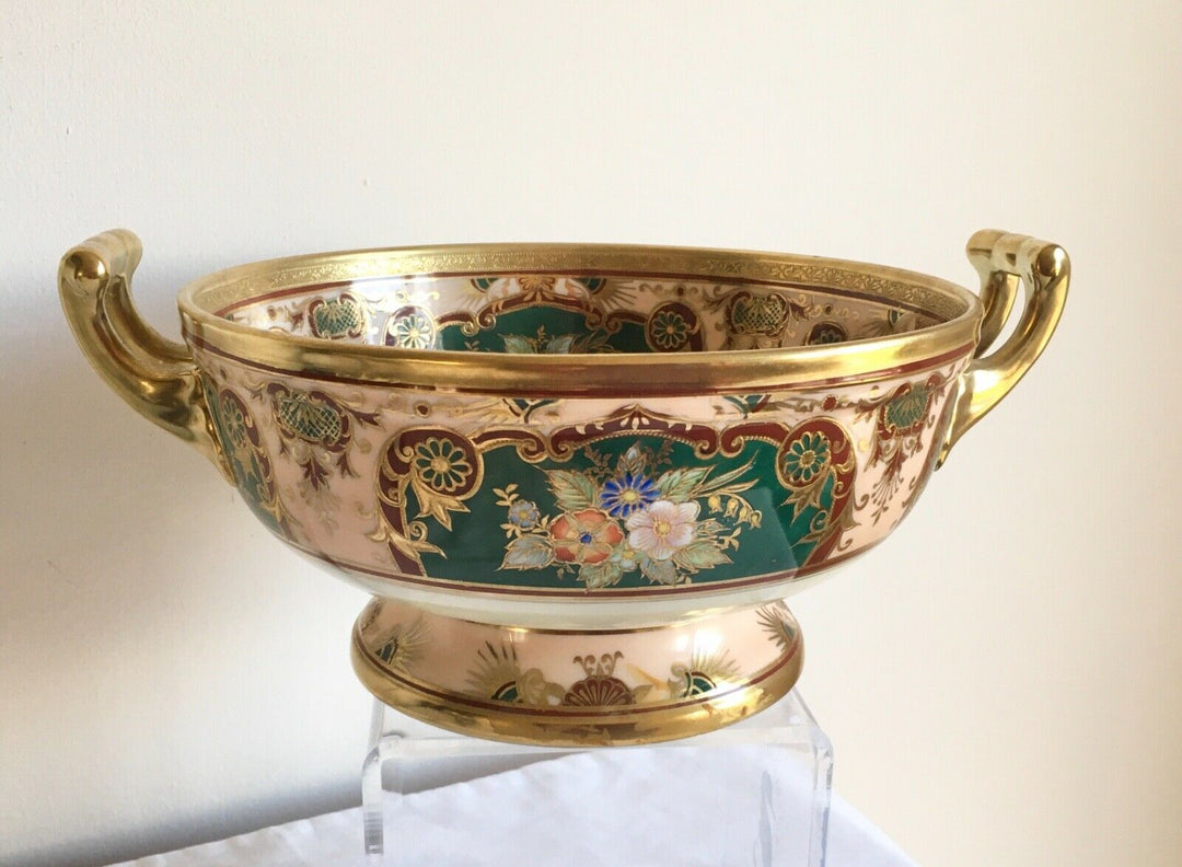 Vintage Art Deco Noritake Porcelain Flowers & Gold Gilded 2 Handled Footed Bowl