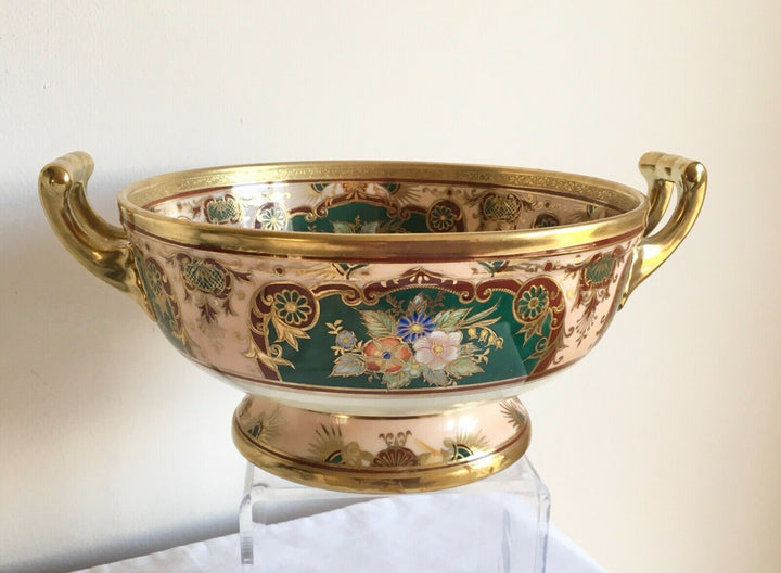 Vintage Art Deco Noritake Porcelain Flowers & Gold Gilded 2 Handled Footed Bowl