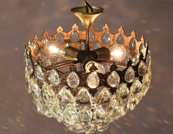 Flush Antique / Vintage Crystal Chandelier, Low Ceiling Chandelier, 1950's lamp
