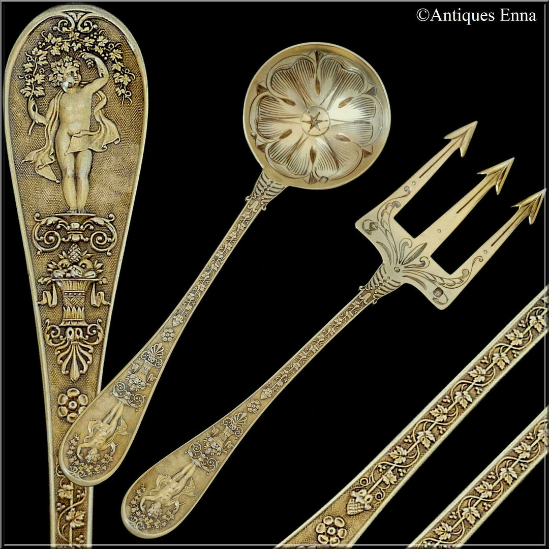 Queille Masterpiece French Sterling Silver 18k Gold Dessert Set, Empire