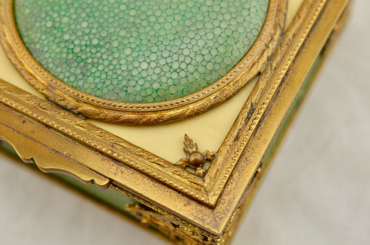 Antique French C.19th shagreen & gilt ormolu bronze hinged dressing table box