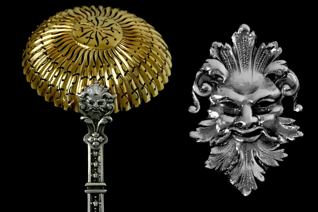 Puiforcat Masterpiece French Sterling Silver Gold Sugar Sifter Spoon Mascaron