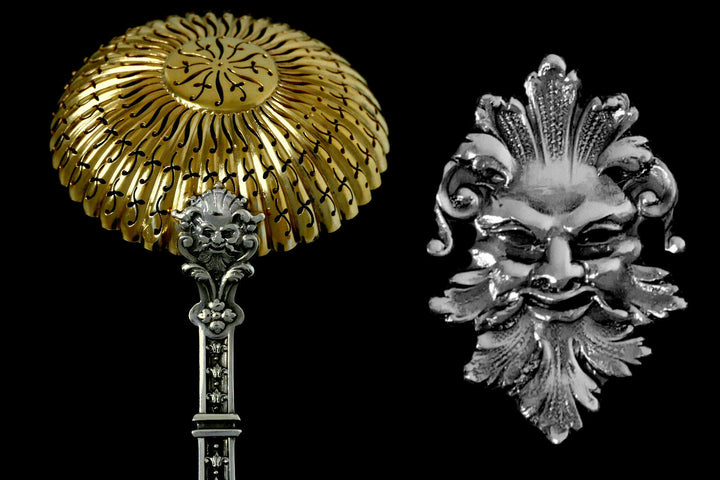 Puiforcat Masterpiece French Sterling Silver Gold Sugar Sifter Spoon Mascaron