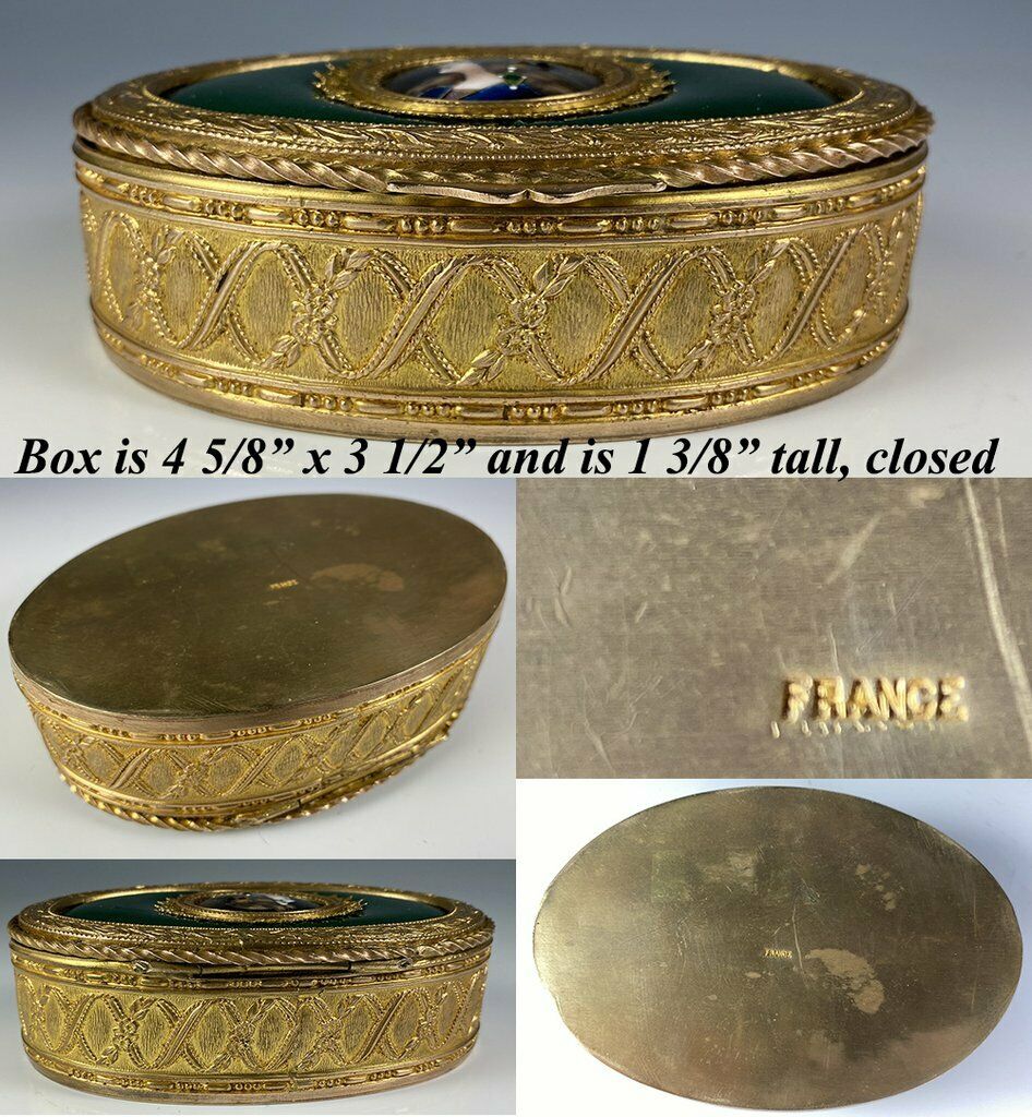 Antique French Kiln-fired Enamel Portrait Jewelry Box, Casket, 4 5/8" Dore Bronz