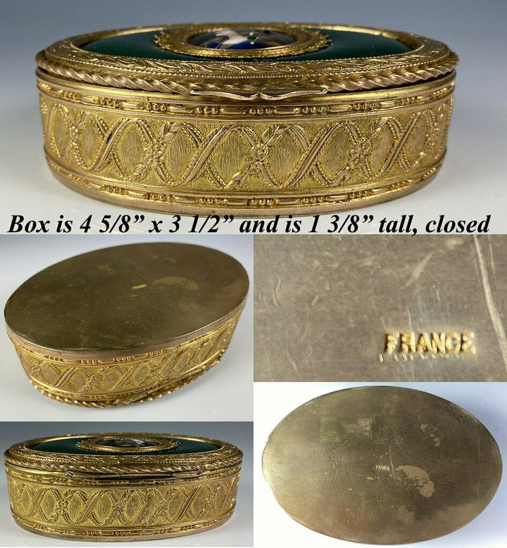 Antique French Kiln-fired Enamel Portrait Jewelry Box, Casket, 4 5/8" Dore Bronz