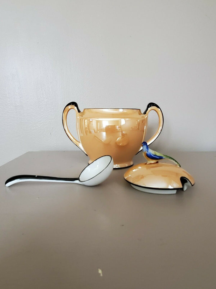 *RARE* Noritake Peach Lustre Bird Finial Sugar Bowl & Original Porcelain Spoon!