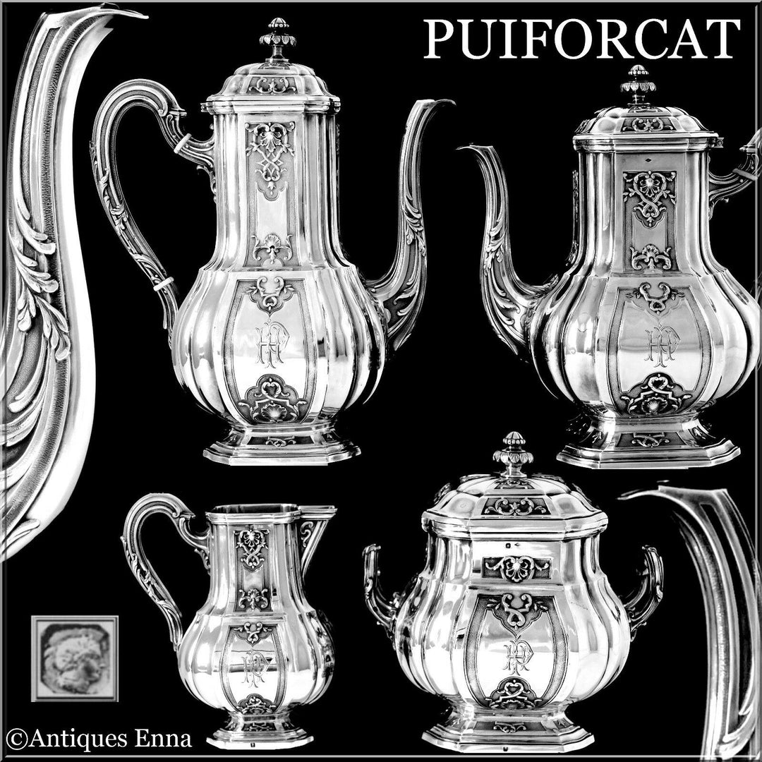 Puiforcat French Sterling Silver 18k Gold Tea, Coffee Set 4 pc, Regency