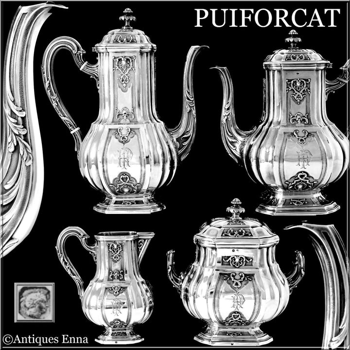 Puiforcat French Sterling Silver 18k Gold Tea, Coffee Set 4 pc, Regency