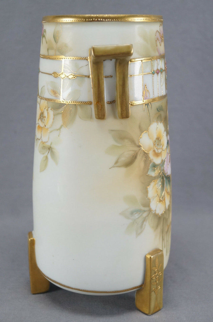 Nippon Morimura Hand Painted Pink & Yellow Wild Roses Vase Circa 1911 - 21