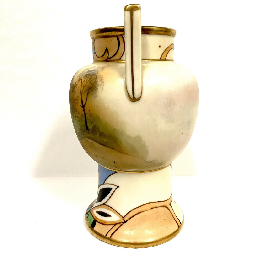 Vintage Nippon Art Deco Vase Hand Painted Morimura Bros Lake w Lotus Tree 6”
