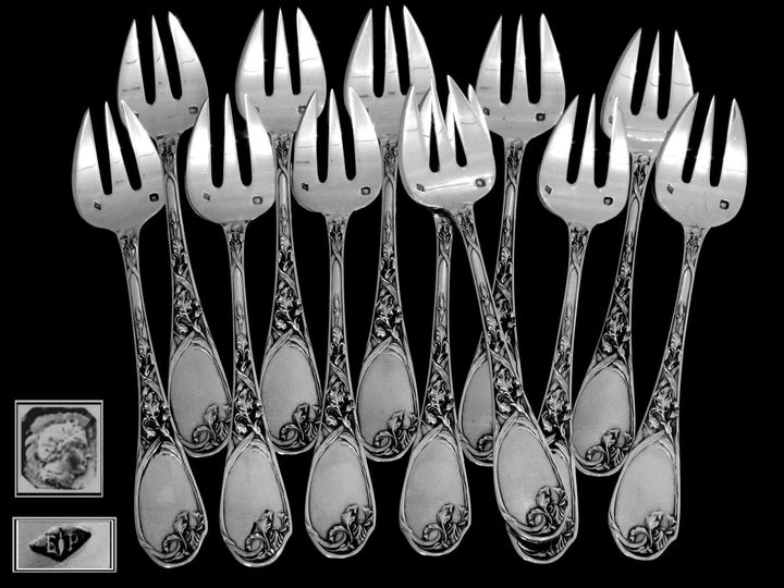 Puiforcat Fabulous French All Sterling Silver Oyster Forks 12 pc Iris Pattern