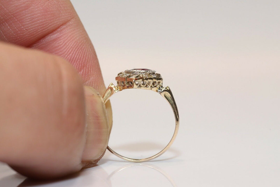 アンティーク ヴィクトリアン 14K ナチュラルダイヤモンドとルビーのナヴェットリング