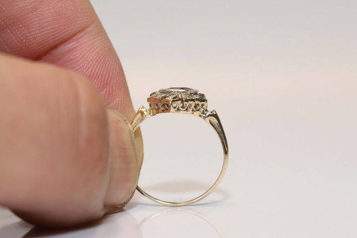 アンティーク ヴィクトリアン 14K ナチュラルダイヤモンドとルビーのナヴェットリング