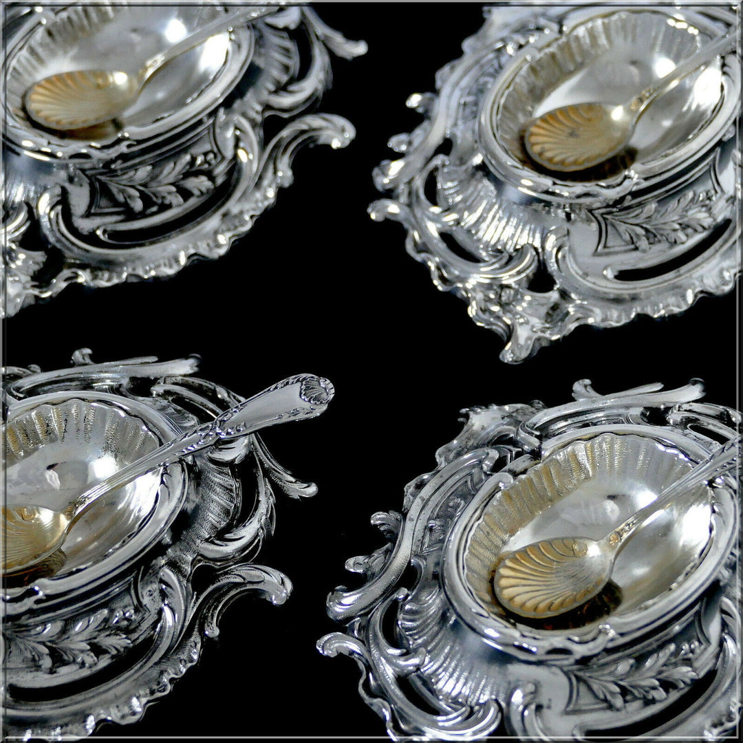 Puiforcat Rare French Sterling Silver 4 Salt Cellars, Spoons, Original Box