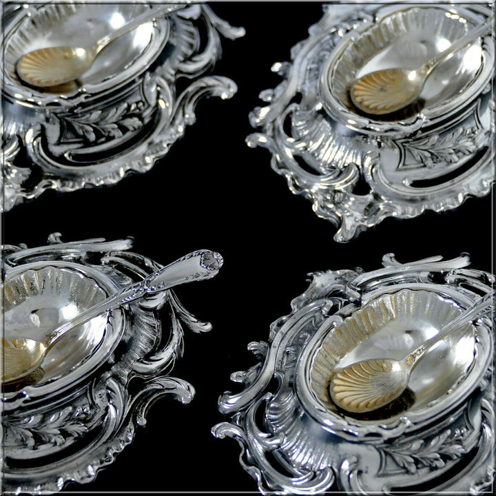 Puiforcat Rare French Sterling Silver 4 Salt Cellars, Spoons, Original Box