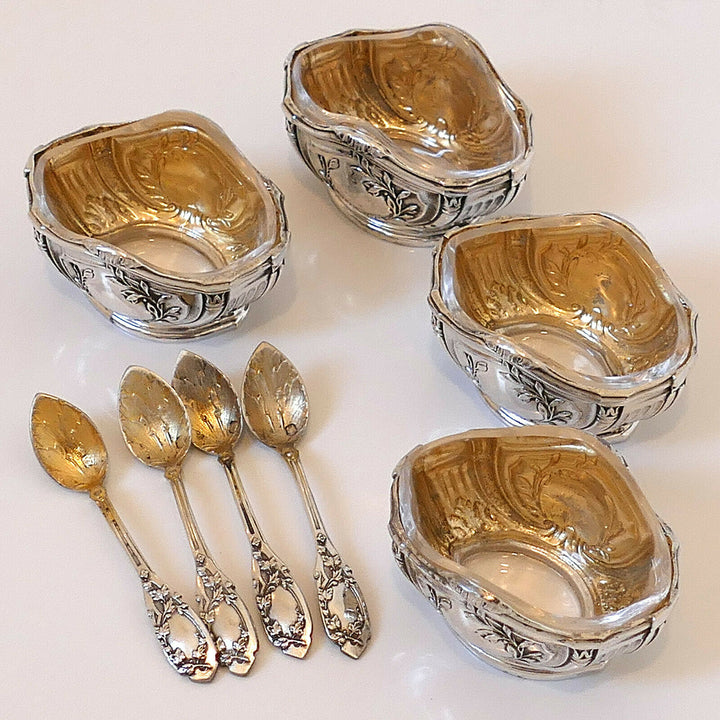 Puiforcat French Sterling Silver 18k Gold 4 Salt Cellars, Spoons, Box, Empire