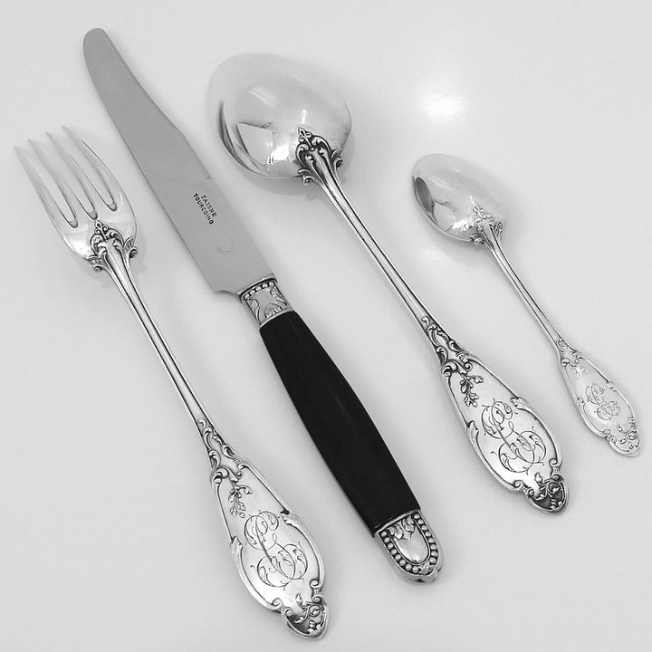 Debain Henin French Sterling Silver Dinner Flatware Set 49 Pc, Box, Flowers