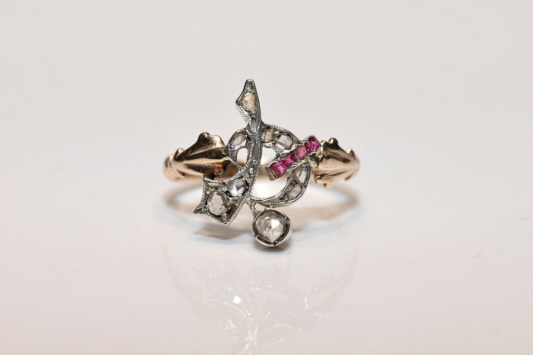 アンティーク 8K ナチュラルローズカットダイヤモンドとカリバールビーのオスマンリング