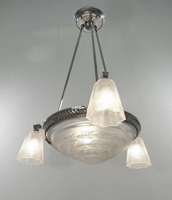 PETITOT : LARGE FRENCH 1930 ART DECO CHANDELIER ...... lustre bronze muller era