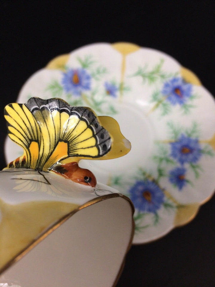 F/S English Royal antiques AYNSLEY butterfly handle flowercup&saucer mint